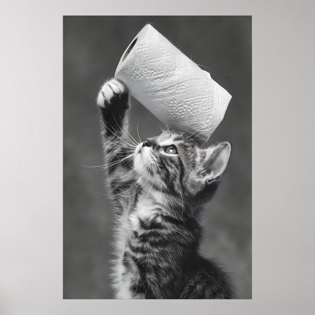 Funny Cat Toilet Paper Roll Art, Whimsical Poster (Front)