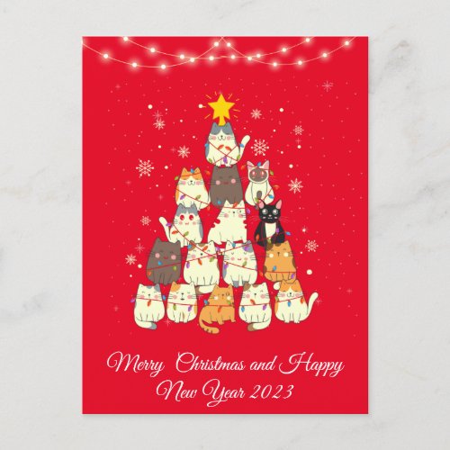 Funny cat tree christmas holiday postcard