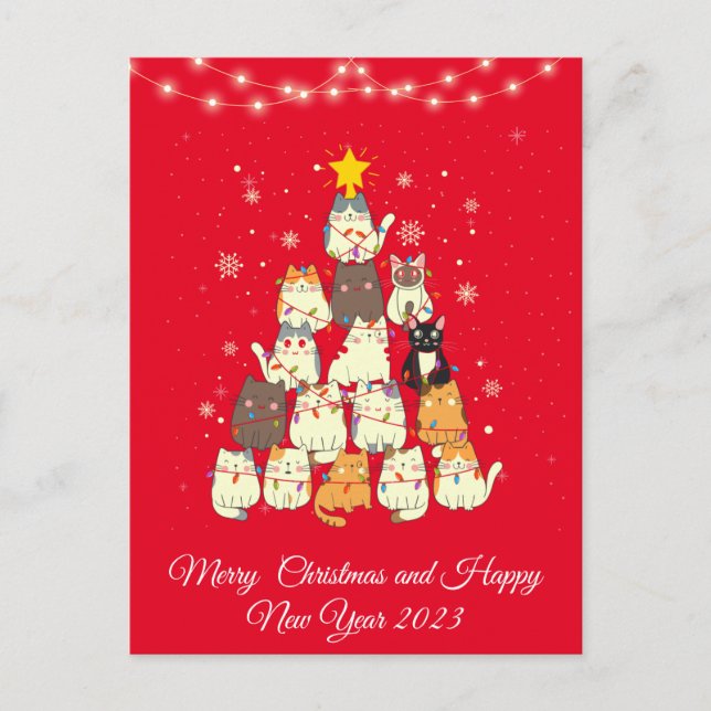 Funny cat tree christmas holiday postcard (Front)