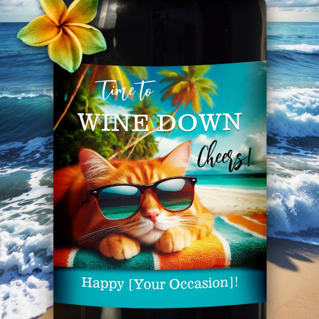 Funny Cat Tropical Beach Wine Label (Wine label featuring a painting of a ginger cat chilling on a tropical sunny beach.)
