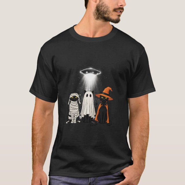 Funny Cat UFO Three Kitty Space Spaceship Alien Ha T-Shirt (Front)