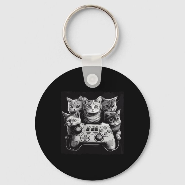Funny Cat Video Game Controller Squad  Keychain (Front)