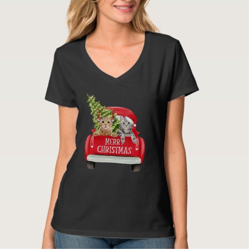 Funny Cat Vintage Red Truck Xmas Pajama Tree Pet F T_Shirt