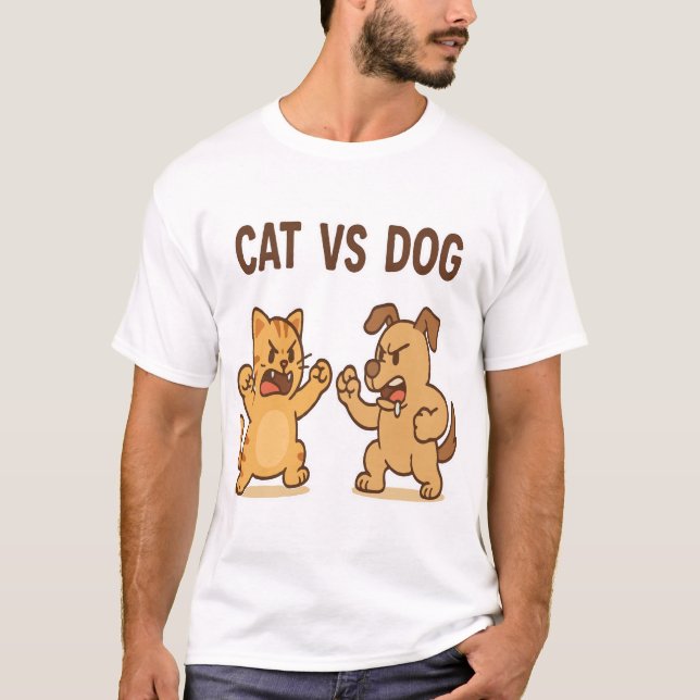 Funny Cat vs Dog Cartoon Fight T-Shirt–Cute Anime T-Shirt (Front)