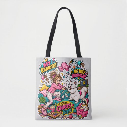 Funny Cat vs Human Remote Battle Crazy Cartoon Tote Bag