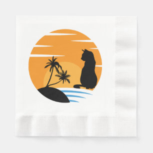 Funny Cat Watching Sunset scene - Black Cat Sunset Napkins