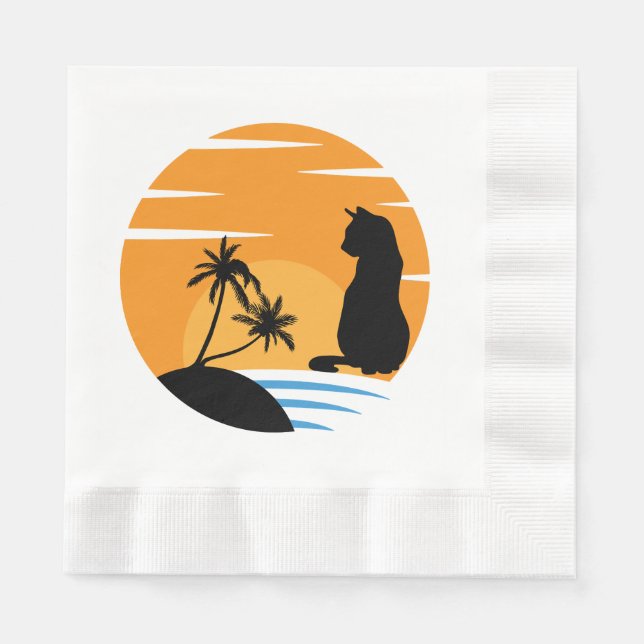 Funny Cat Watching Sunset scene - Black Cat Sunset Napkins (Front)