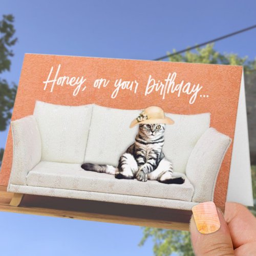 Funny Cat Wearing a Sun Hat on a Couch Birthday Card