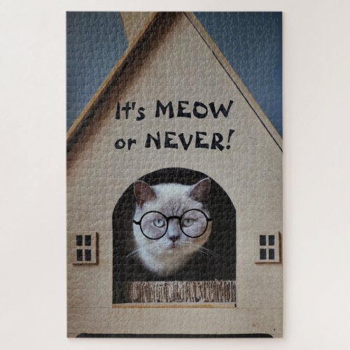 Funny Cat Wearing Glasses Its Meow or Never Quote Jigsaw Puzzle