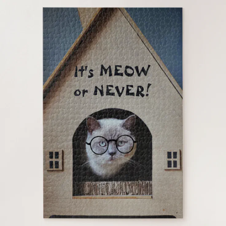Funny Cat Wearing Glasses It's Meow or Never Quote Jigsaw Puzzle | Zazzle