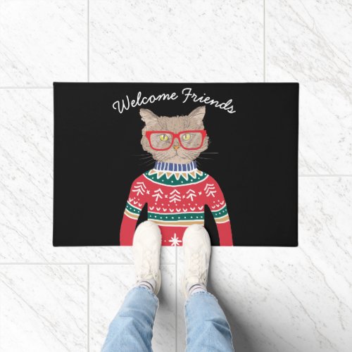 Funny Cat Wearing Glasses Ugly Christmas Sweater Doormat