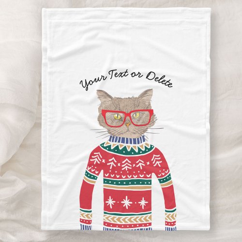 Funny Cat Wearing Glasses Ugly Christmas Sweater Fleece Blanket