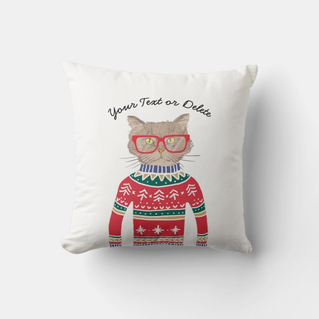 Funny Cat Wearing Glasses, Ugly Christmas Sweater Throw Pillow (Front)