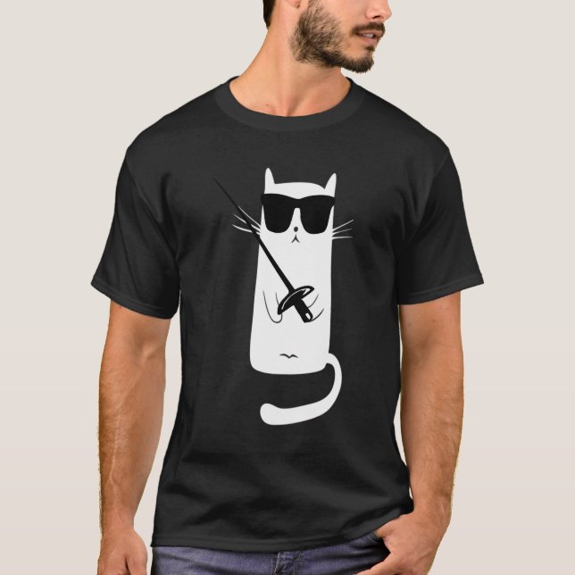 Funny Cat Wearing Sunglasses Fencing T-Shirt (Front)