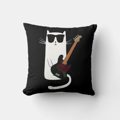 Funny Cat Wearing Sunglasses Playing Bass Guitar  Throw Pillow