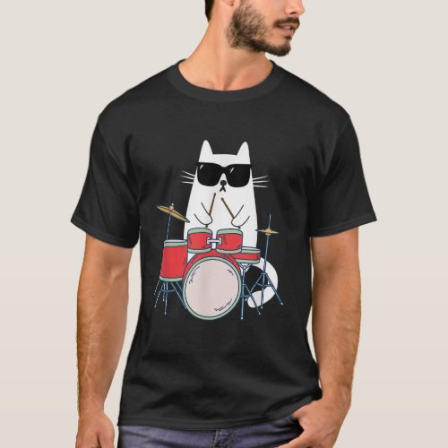 Funny Cat Wearing Sunglasses Playing Drums Drum Ki T_Shirt