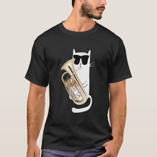 Funny Cat Wearing Sunglasses Playing Euphonium  T_Shirt