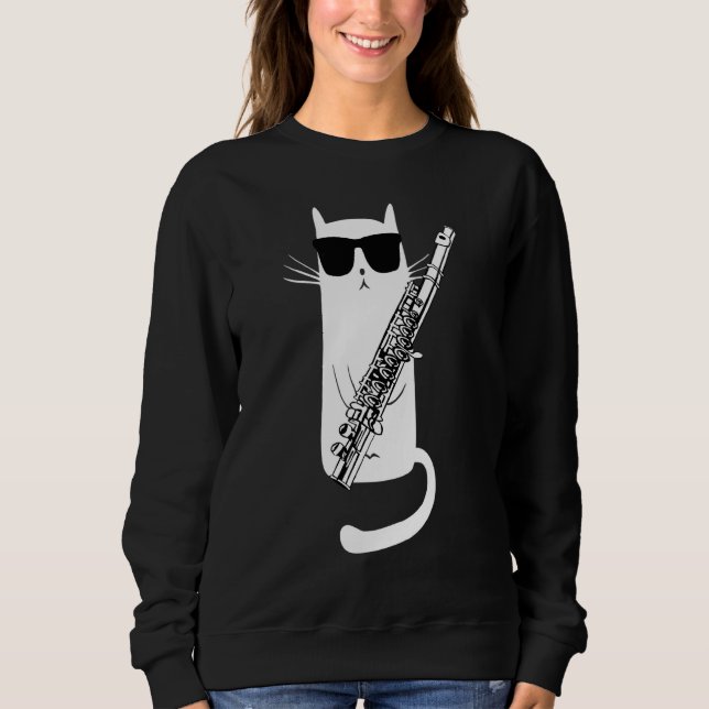 Funny Cat Wearing Sunglasses Playing Flute Musicia Sweatshirt (Front)