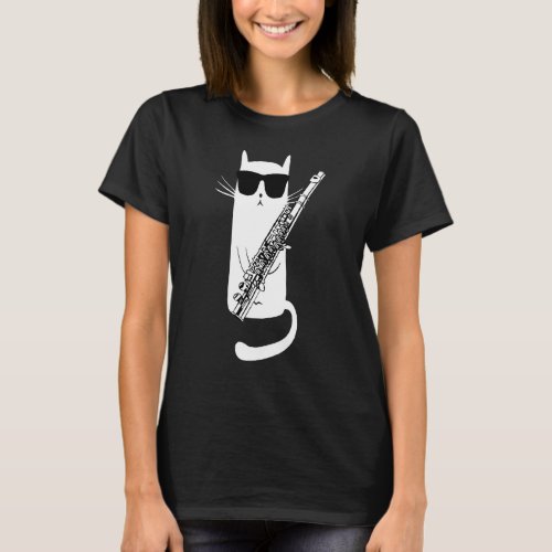 Funny Cat Wearing Sunglasses Playing Flute Musicia T_Shirt