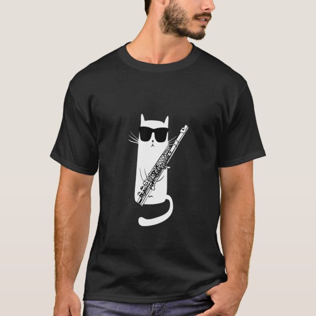 Funny Cat Wearing Sunglasses Playing Flute  T-Shirt (Front)