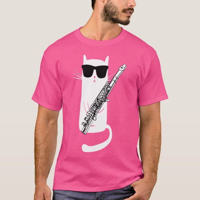 Funny Cat Wearing Sunglasses Playing Flute T-Shirt (Front)