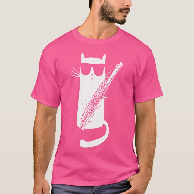 Funny Cat Wearing Sunglasses Playing Flute T-Shirt (Front)