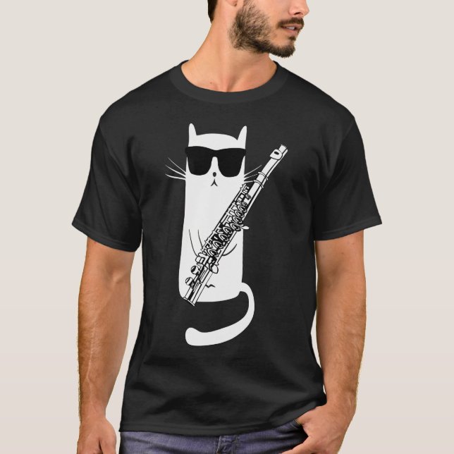 Funny Cat Wearing Sunglasses Playing Flute T-Shirt (Front)