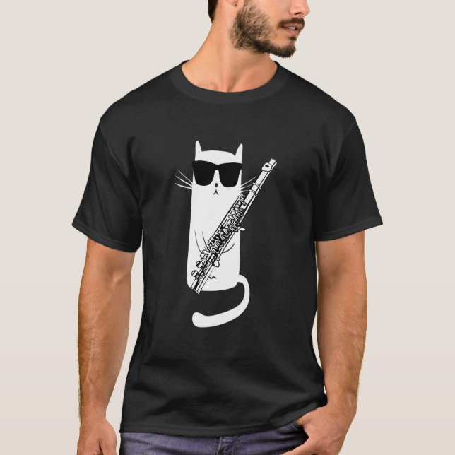 Funny Cat Wearing Sunglasses Playing Flute T-Shirt (Front)
