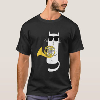 Funny Cat Wearing Sunglasses Playing French Horn  T-Shirt
