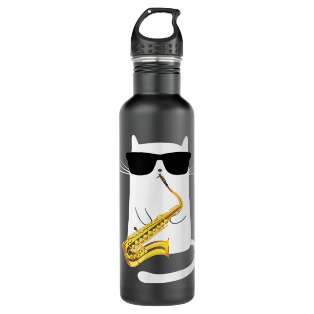 Funny Cat Wearing Sunglasses Playing Saxophone  Stainless Steel Water Bottle (Front)