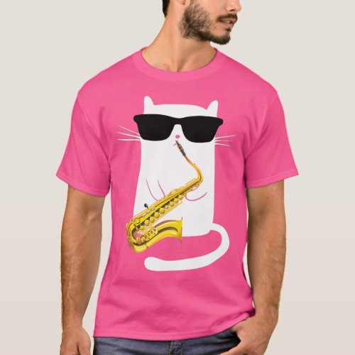 Funny Cat Wearing Sunglasses Playing Saxophone  T_Shirt
