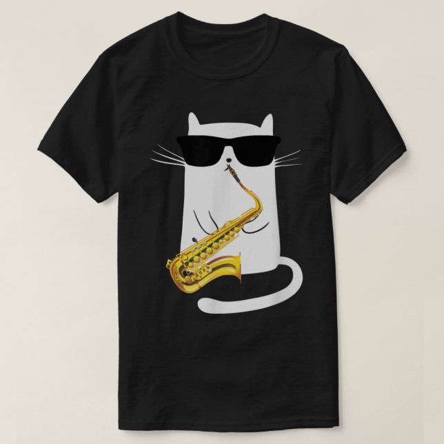 Funny Cat Wearing Sunglasses Playing Saxophone  T-Shirt (Design Front)