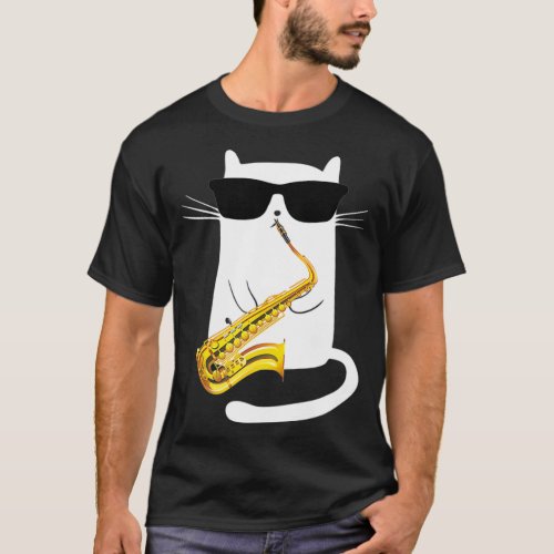Funny Cat Wearing Sunglasses Playing Saxophone T_Shirt