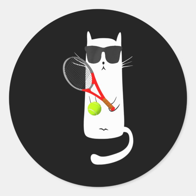 Funny Cat Wearing Sunglasses Playing Tennis Sport Classic Round Sticker (Front)