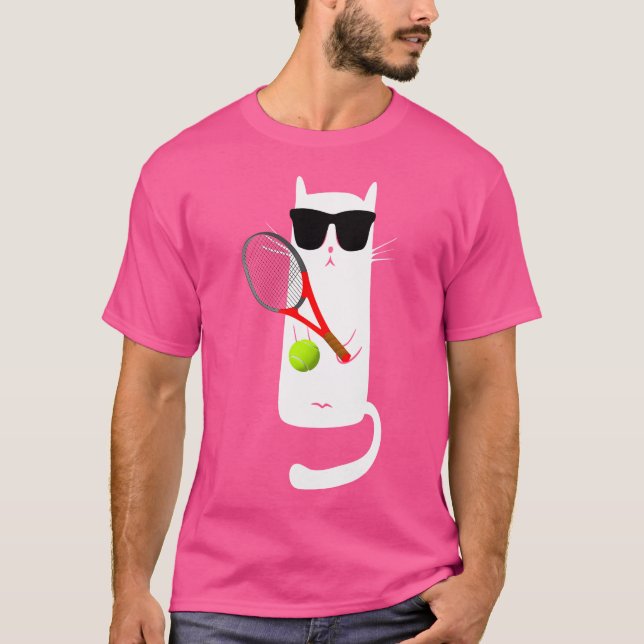 Funny Cat Wearing Sunglasses Playing Tennis T-Shirt (Front)
