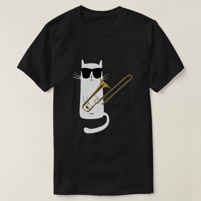 Funny Cat Wearing Sunglasses Playing Trombone  T-Shirt (Design Front)