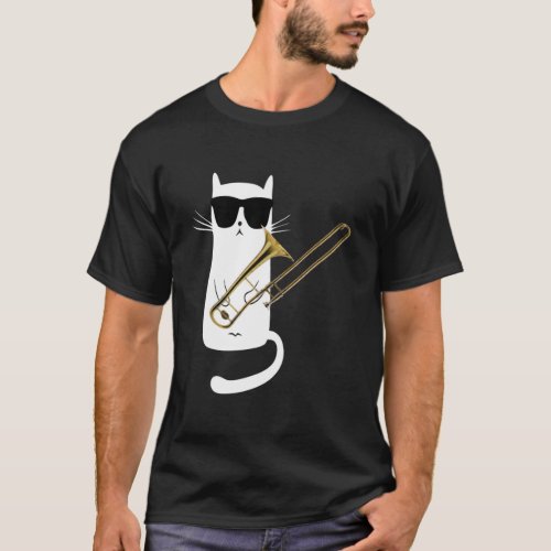 Funny Cat Wearing Sunglasses Playing Trombone  T_Shirt