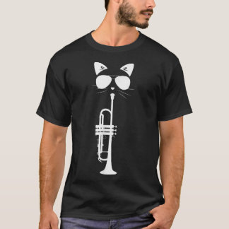 Funny Cat Wearing Sunglasses Playing Trumpet Music T-Shirt