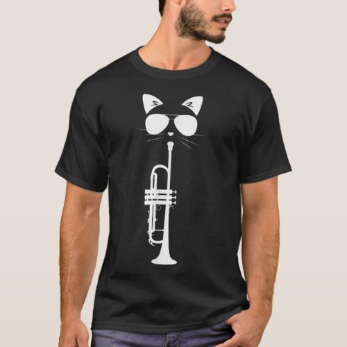 Funny Cat Wearing Sunglasses Playing Trumpet Music T_Shirt