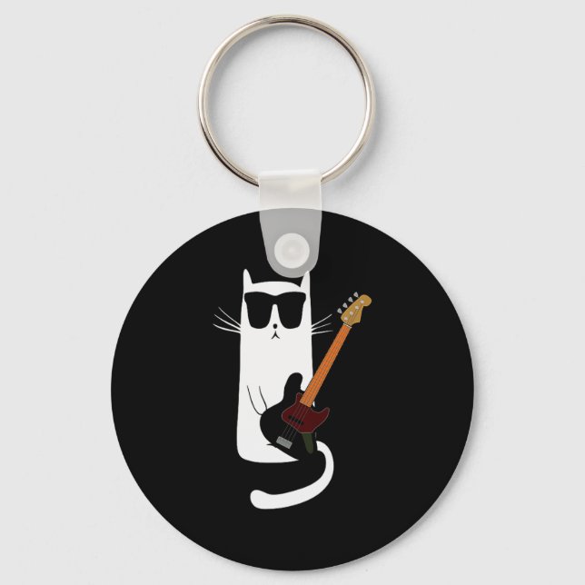 Funny Cat Wearing Sungles Playing B Guitar Men Wom Keychain (Front)