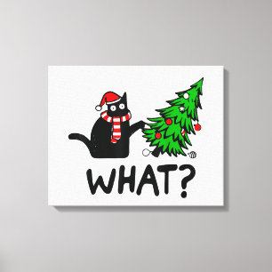 Funny Cat What Black Cat Pushing Christmas Tree T- Canvas Print