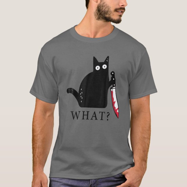 Funny Cat What? Murderous Black Cat With Knife Gif T-Shirt (Front)