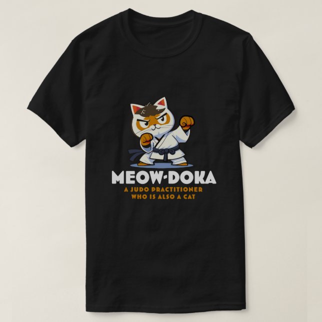Funny Cat White and Brown Judo Black Belt T-Shirt (Design Front)