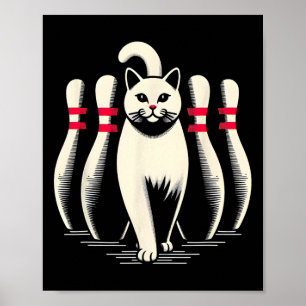 Funny Cat White Playing Bowling Retro Vintage Stri Poster