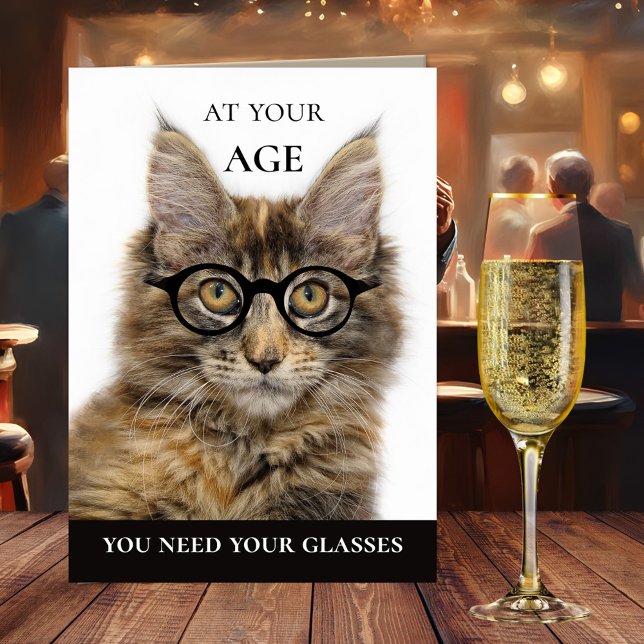 Funny Cat Wine Champagne Birthday Greeting Card (A cute and funny birthday card featuring a Maine Coon cat with glasses and champagne and wine glass)