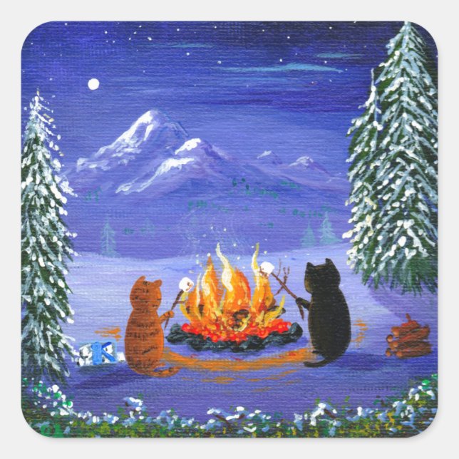 Funny Cat Winter Cartoon Creationarts Square Sticker (Front)