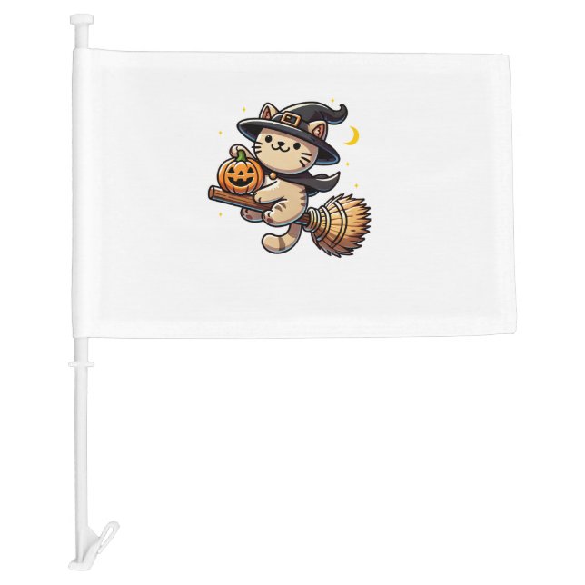 Funny Cat Witch Halloween Costume Broom Stick Boys Car Flag (Front)