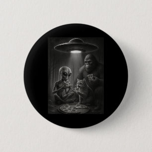 Funny Cat With Alien And Bigfoot Eating Pizza Ufo Button