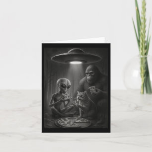 Funny Cat With Alien And Bigfoot Eating Pizza Ufo  Card