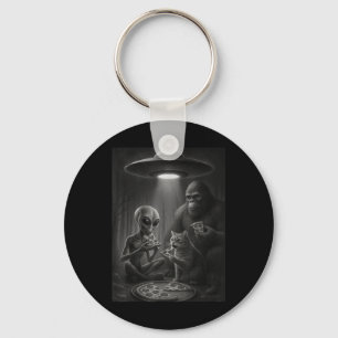 Funny Cat With Alien And Bigfoot Eating Pizza Ufo Keychain